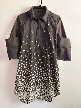Black Midi Shirt Dress with Cream Bird Print